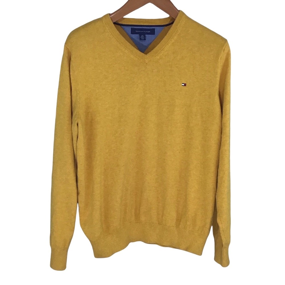 Tommy Hilfiger Men Mustard Yellow V Neck Long Sleeve Sweater L 100% Cotton